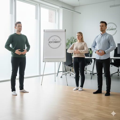 Drei Personen, die stehend entspannen bei betrieblichem Gesundheitsmanagement