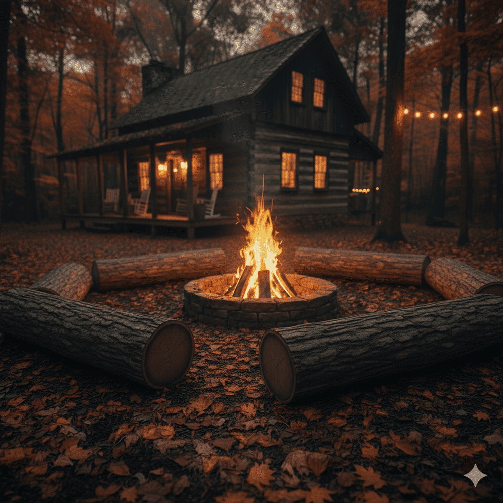 Hütte im Wald mit einem Feuer davor, das von Baumstämmen umringt ist