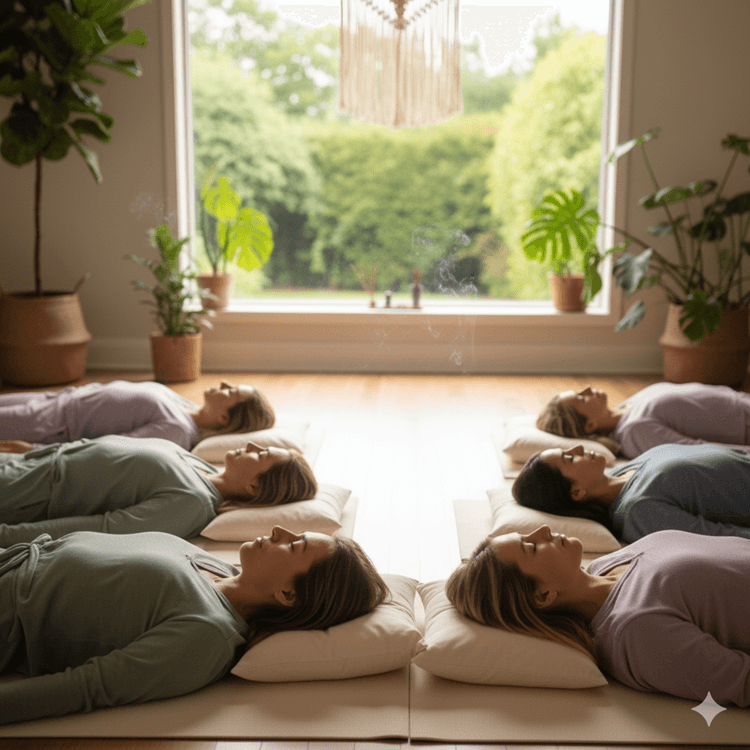 Eine Gruppe von Frauen, die in einem Meditationsraum auf dem Boden liegen und die Augen geschlossen haben